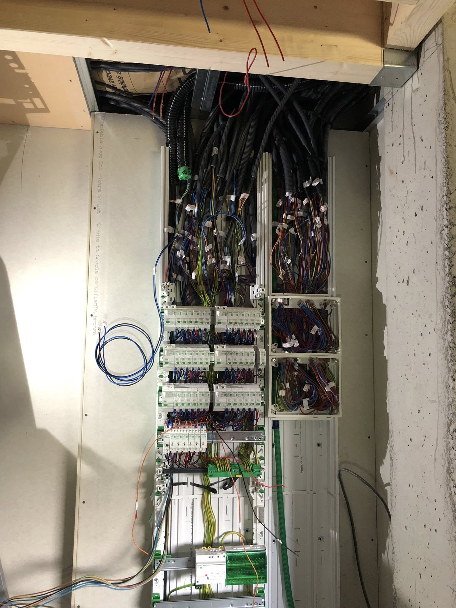 Réalisation complète du câblage d’un tableau électrique, incluant l’organisation, le raccordement et la mise en service de l’ensemble des circuits de distribution, dans le respect des normes en vigueur dans une maison en rénovation à proximité de Riom. par ELECmt Frédéric Apert Électricité Générale en Auvergne Puy de Dôme - Chatel-Guyon - Riom